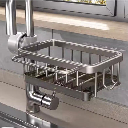 Ronnos Kitchen Accessories Sink Caddy, Multifunctional Sink Faucet Adjustable Attachable Storage Rack Kitchen Organizer, Dish Sponge Holder Attachable to Sink Faucet 0.7-1.1 Inch Pipe for Bathroom and Kitchen, Metal Accessory with Detachable Water Tray