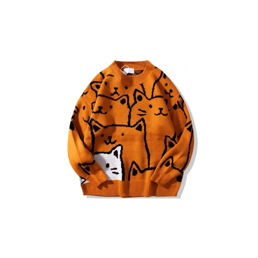 Cartoon Cat Knitted Sweater - Oversized Vintage Style for Winter